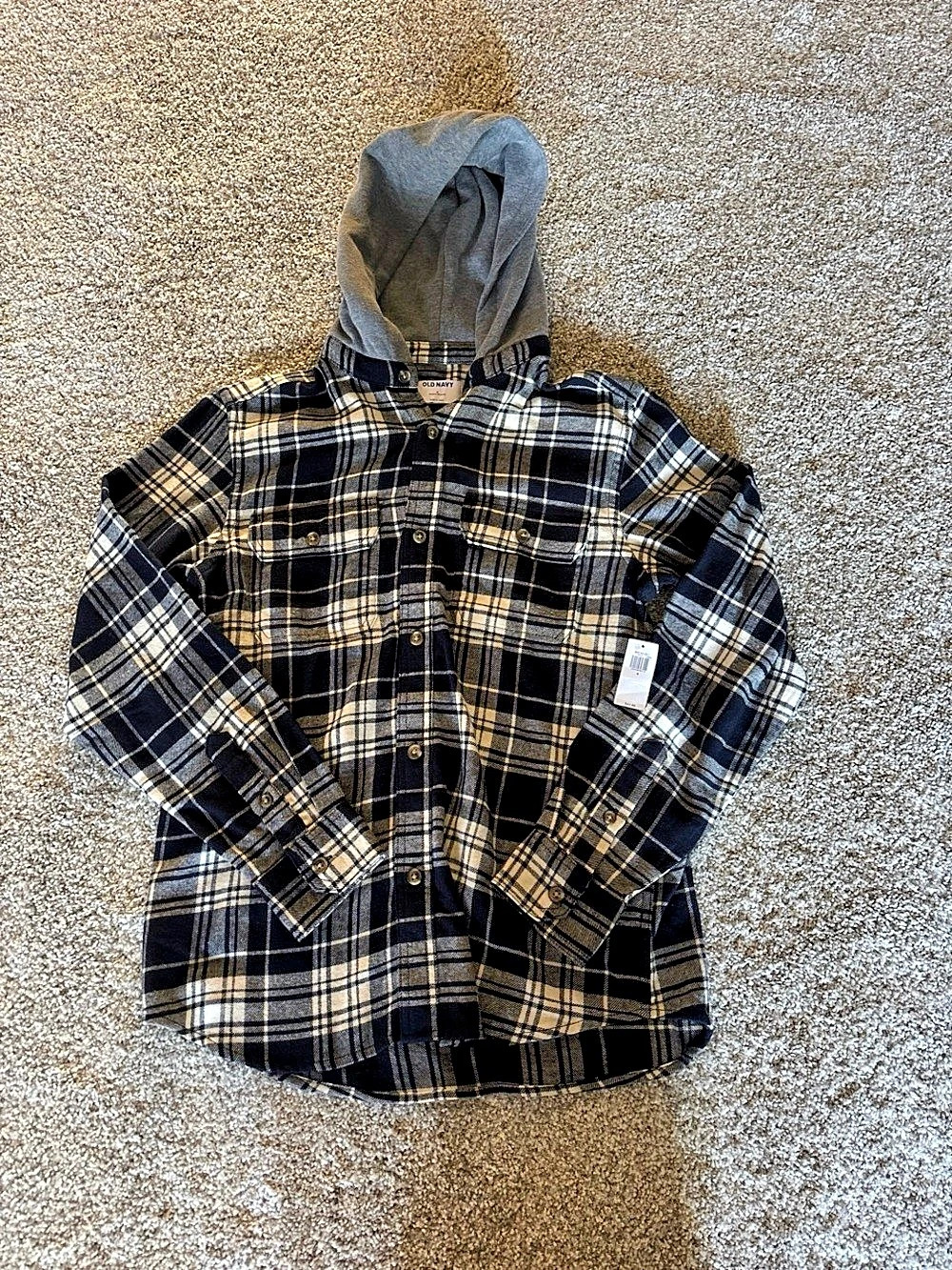 Old Navy 2-in-1 Plaid Flannel Shirt Hoodie Plaid Hooded Shirt in Blue & White
